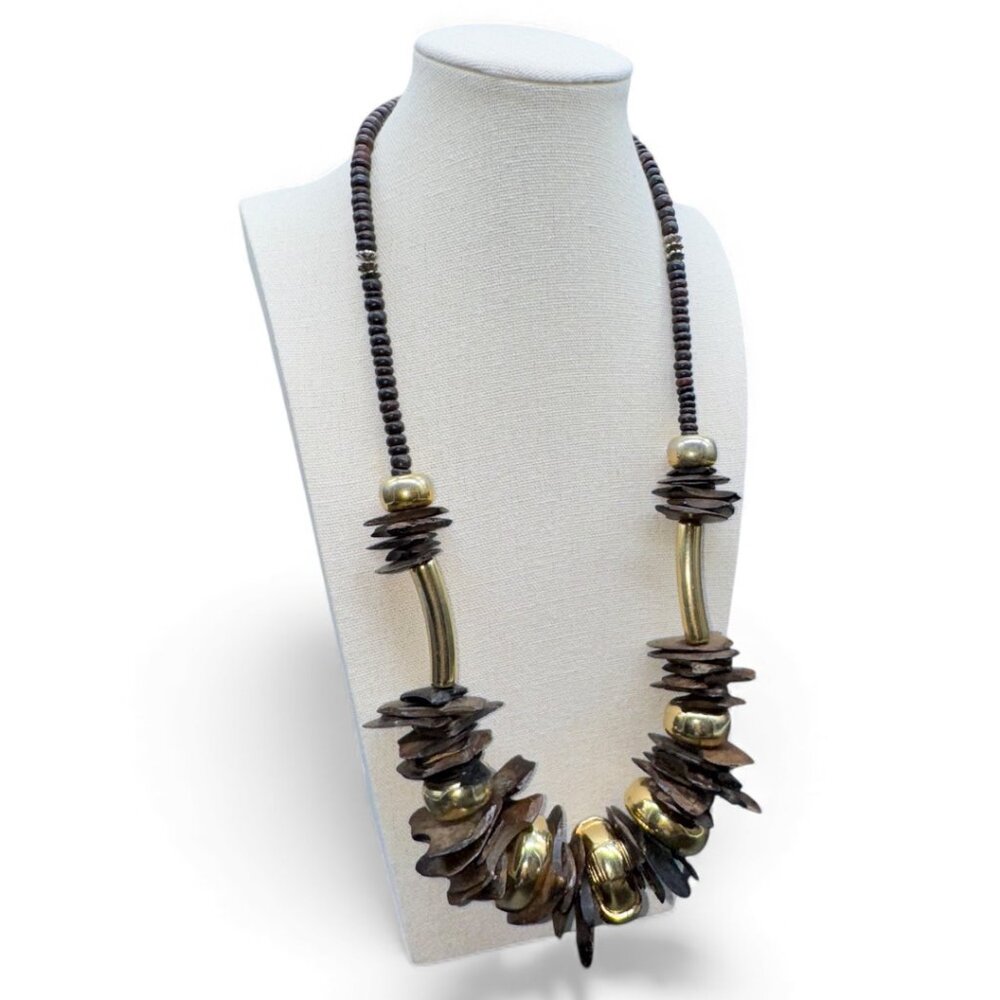 Boho Artisan made Necklace Wood and Gold Metal Vintage